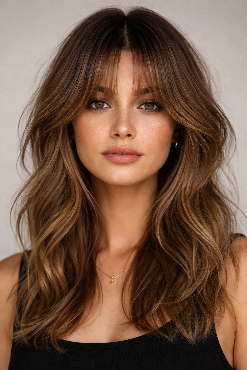 Frontal portrait of someone with choppy curtain bangs framing the face