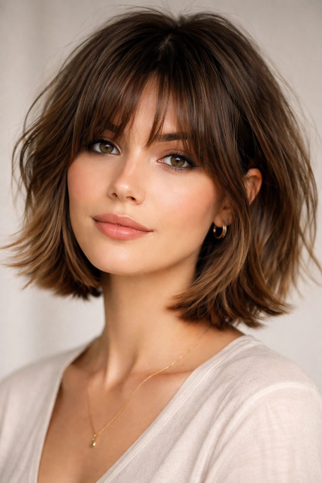 Close-up of a textured bob with choppy curtain bangs framing the face