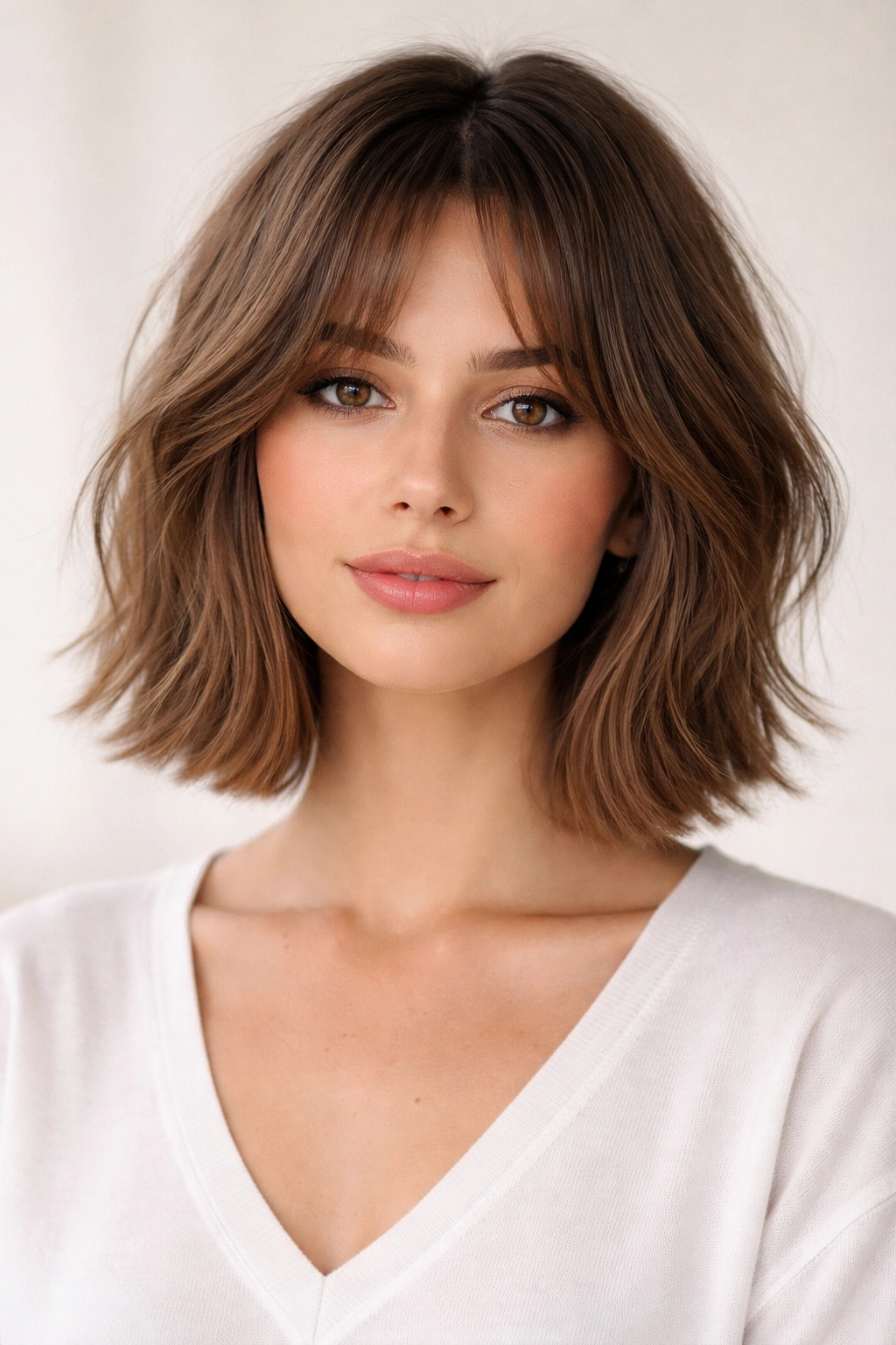 Portrait of person with choppy bob and curtain bangs for pear-shaped face