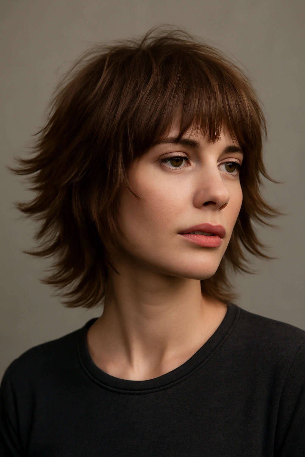 20 Short Shag Haircuts for Easy, Effortless Mornings 18 Portrait of a person with choppy flip shag showing outward-angled layers.