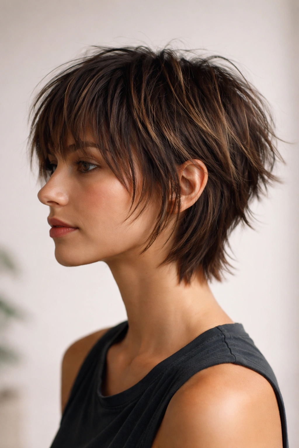 Profile shot of a choppy fringe with uneven pieced lengths and short back
