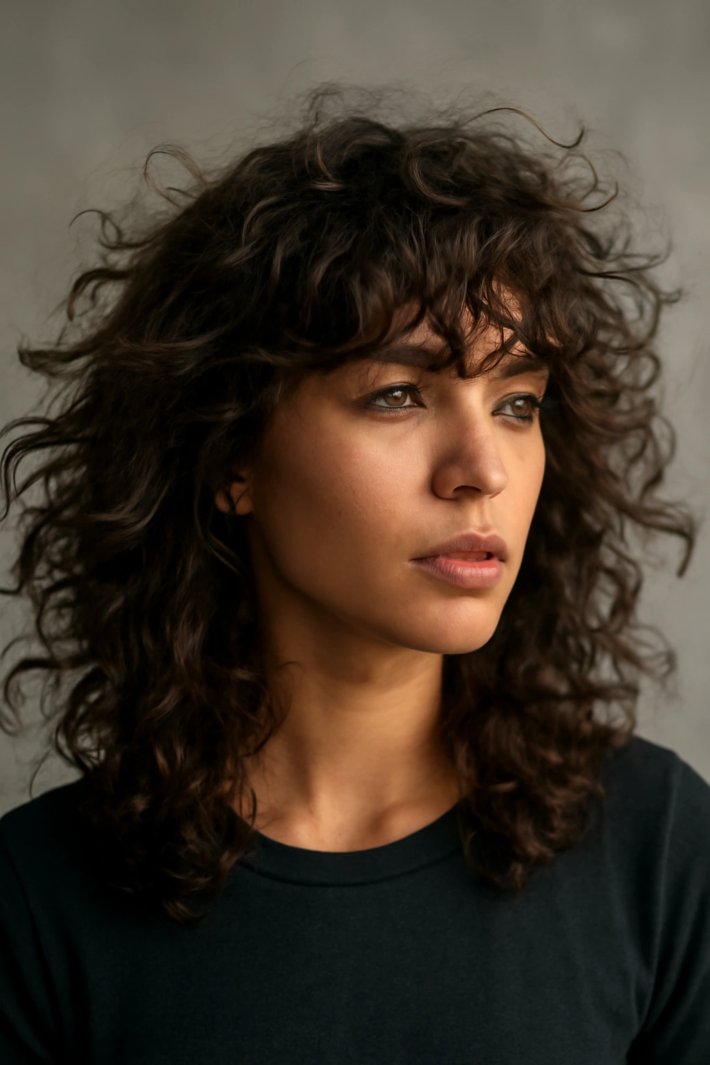 10 Curly Fringe Styles That Frame Your Face Perfectly 9 Choppy wispy fringe with movement on curly hair.