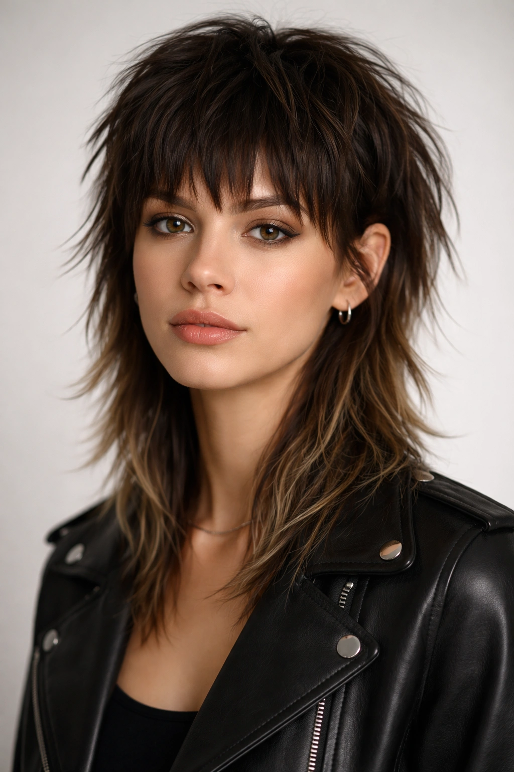 Portrait of a woman with a choppy fringe mullet showcasing a playful, edgy look.