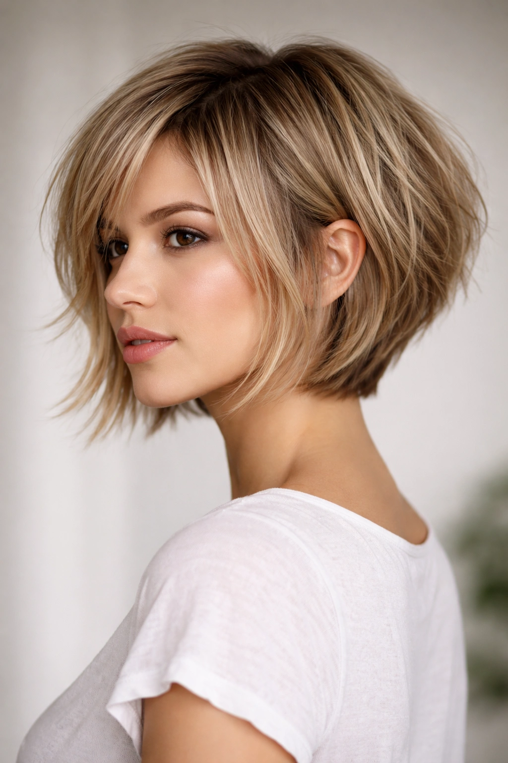 Close-up of a choppy graduated bob with layered texture and lifted crown.