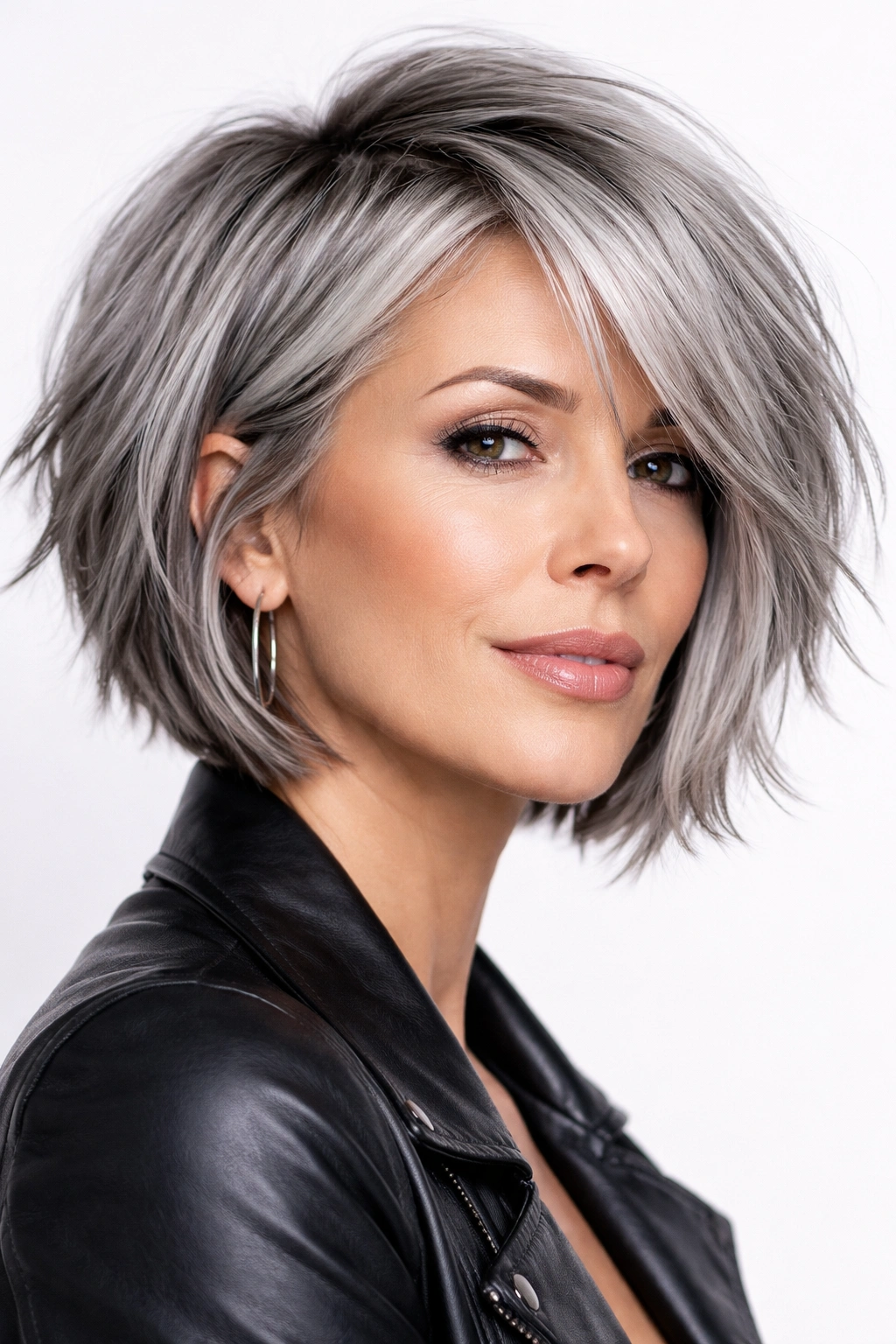 Close-up of a choppy gray bob with jagged ends and texture