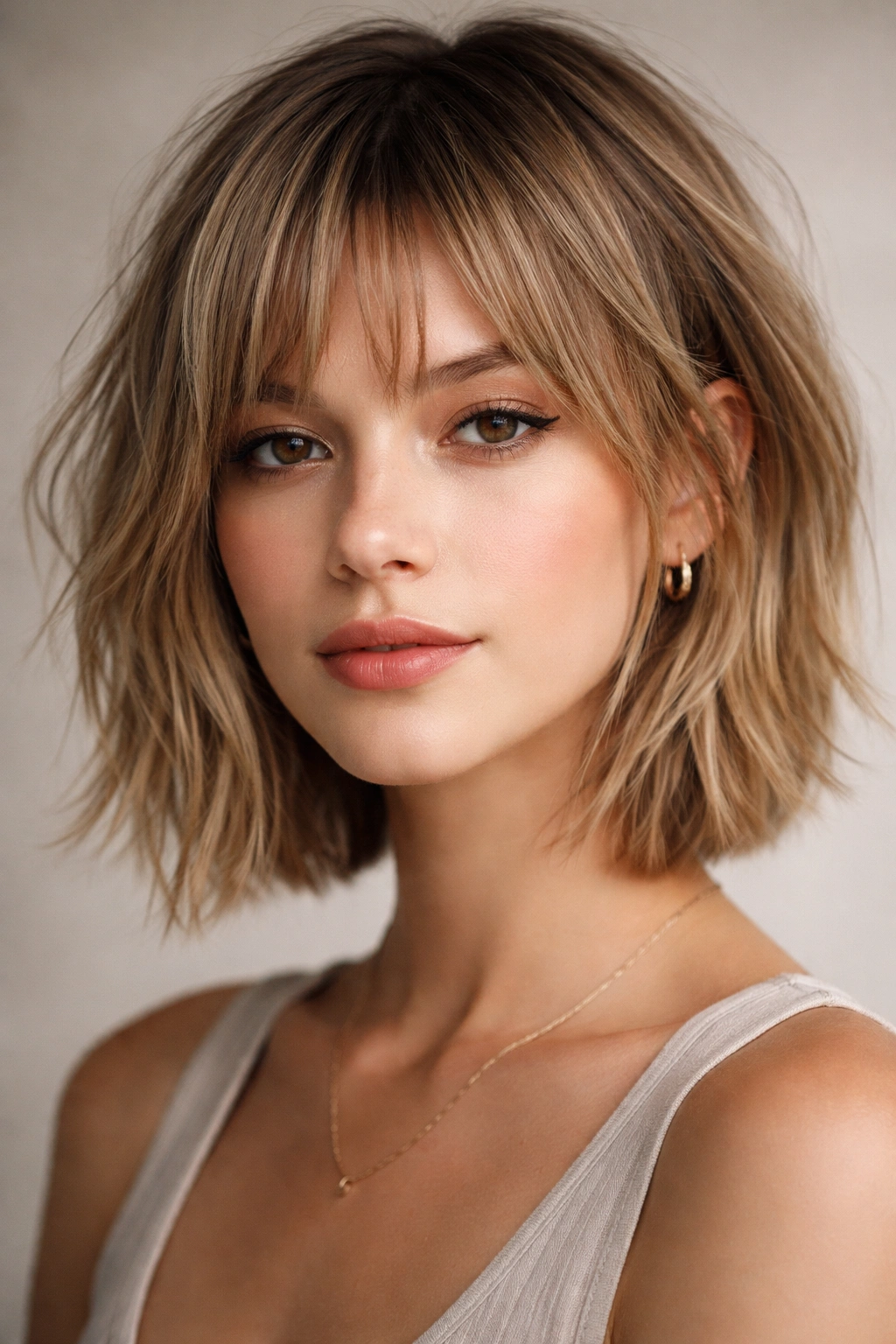 Close-up of chin-length choppy baby cut with face-framing layers