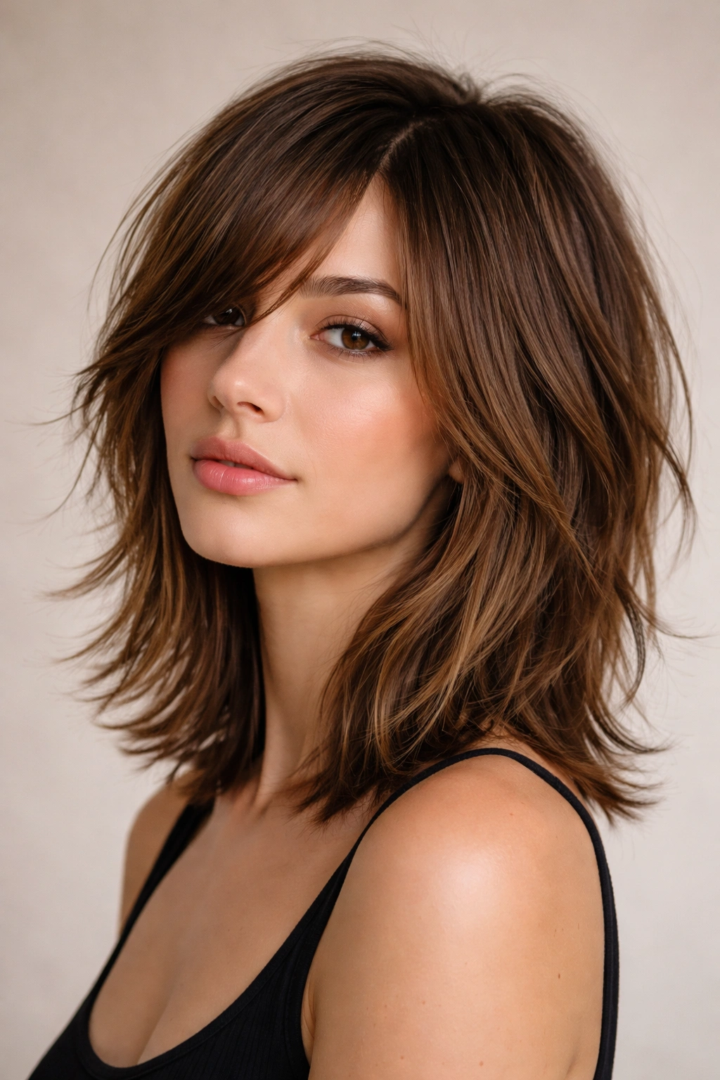 Medium-length hair with choppy layers and side-swept bangs in a portrait