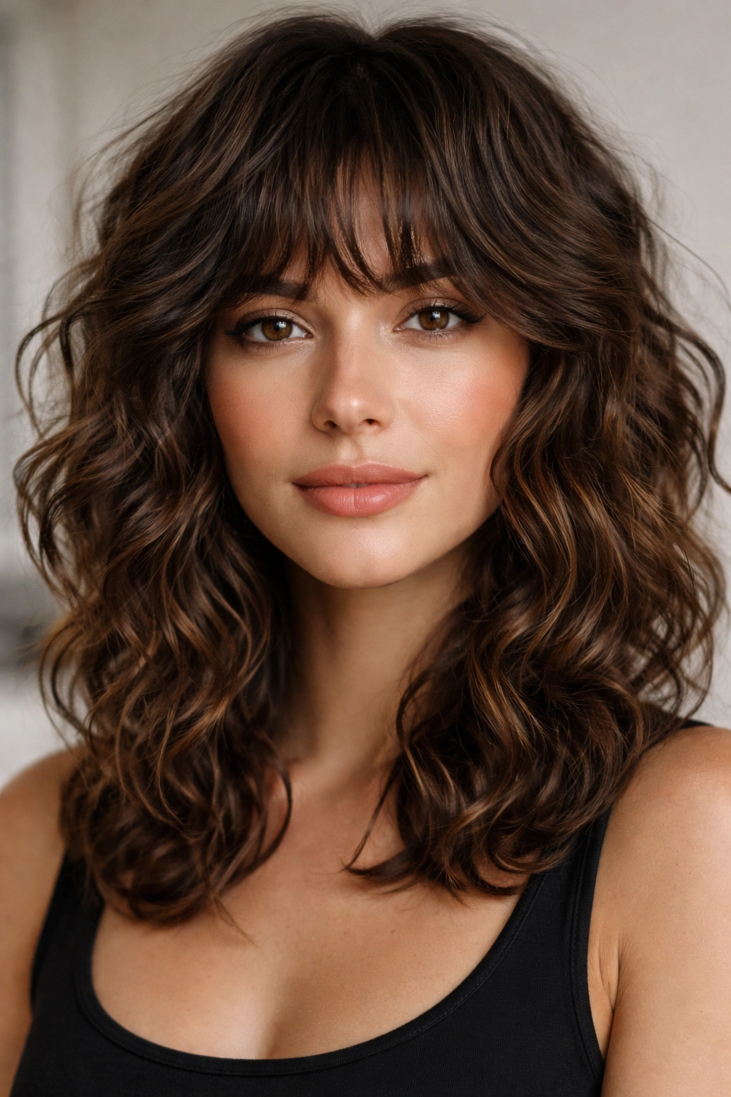 Choppy layered bangs on medium curls creating movement
