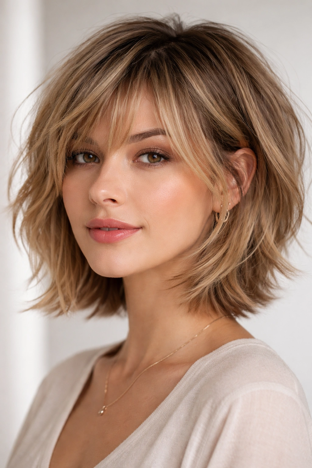 Close-up of choppy layered bob with wispy bangs