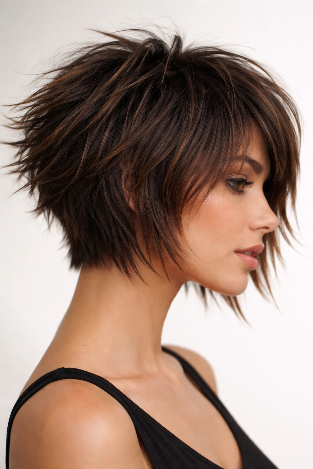Profile view of Choppy Layered Bob highlighting stacked crown layers