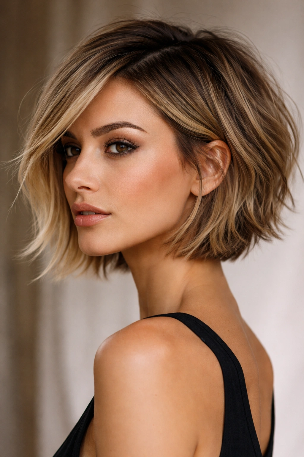 25 Short Haircuts Matched To Your Face Shape 23 Choppy layered bob on a diamond-shaped face showing jaw framing and texture