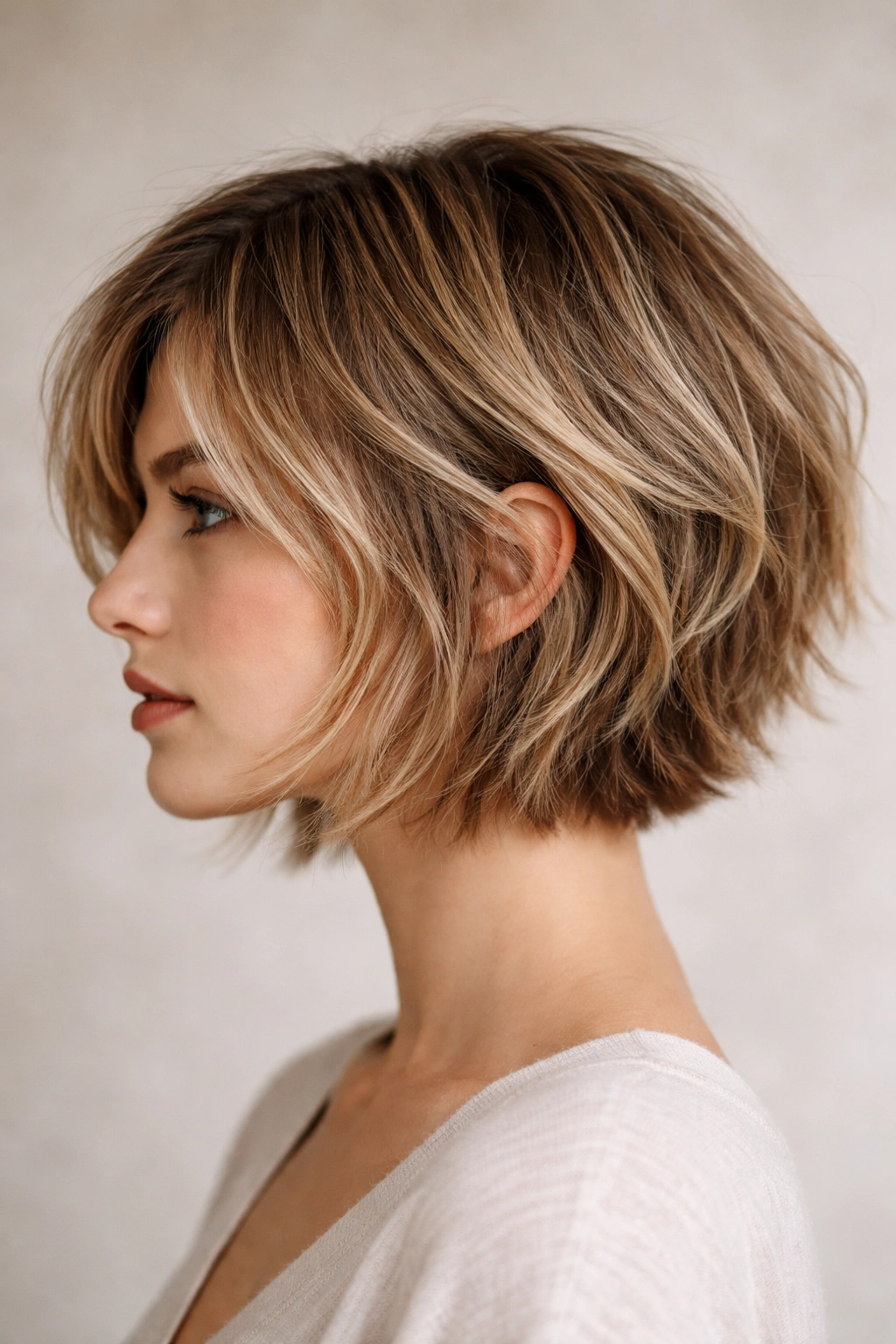 Profile close-up of a chin-length choppy layered bob with piecey texture.