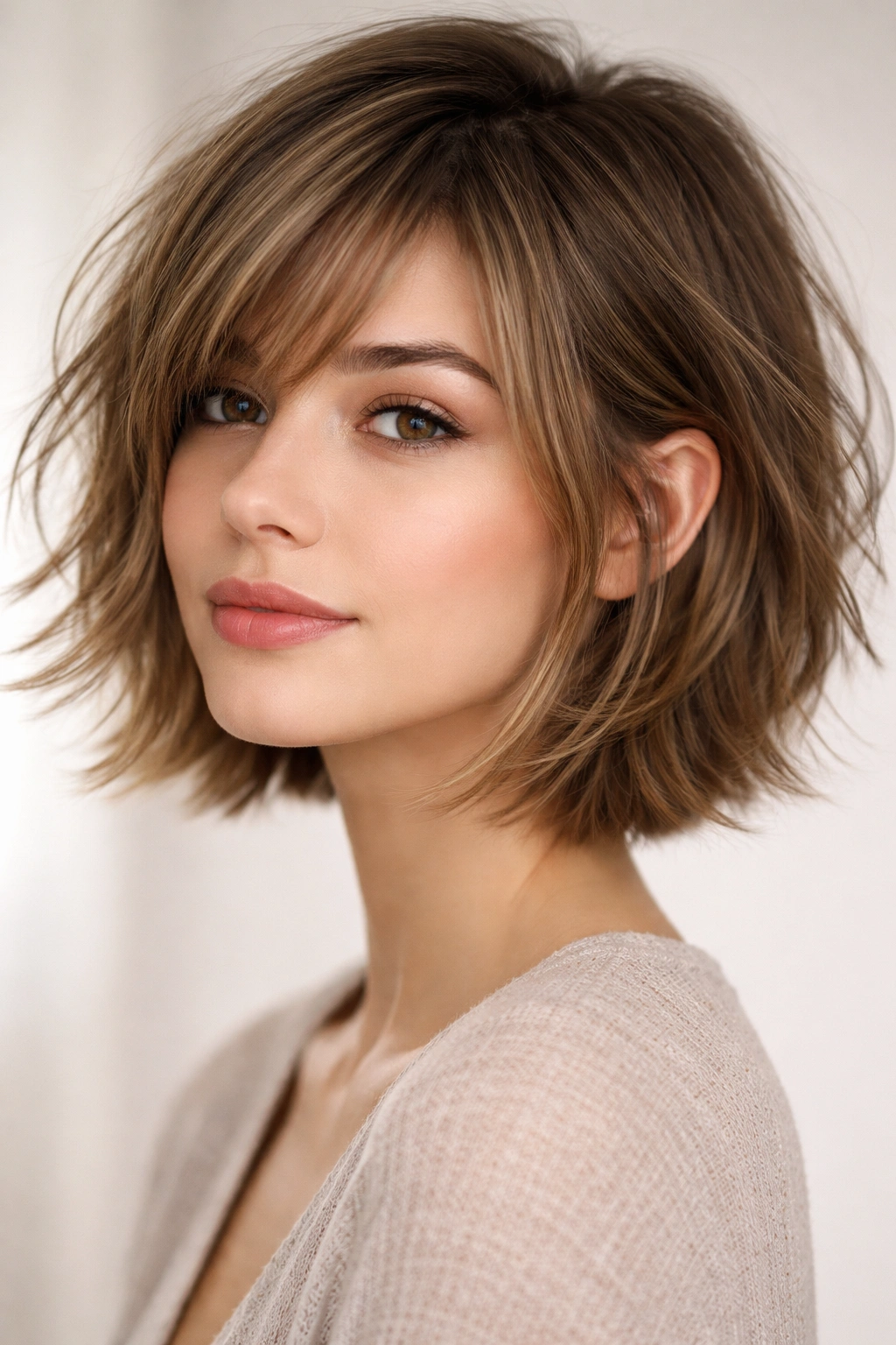 Chin-length choppy layered bob with razor-cut ends framing the jawline in a studio setting