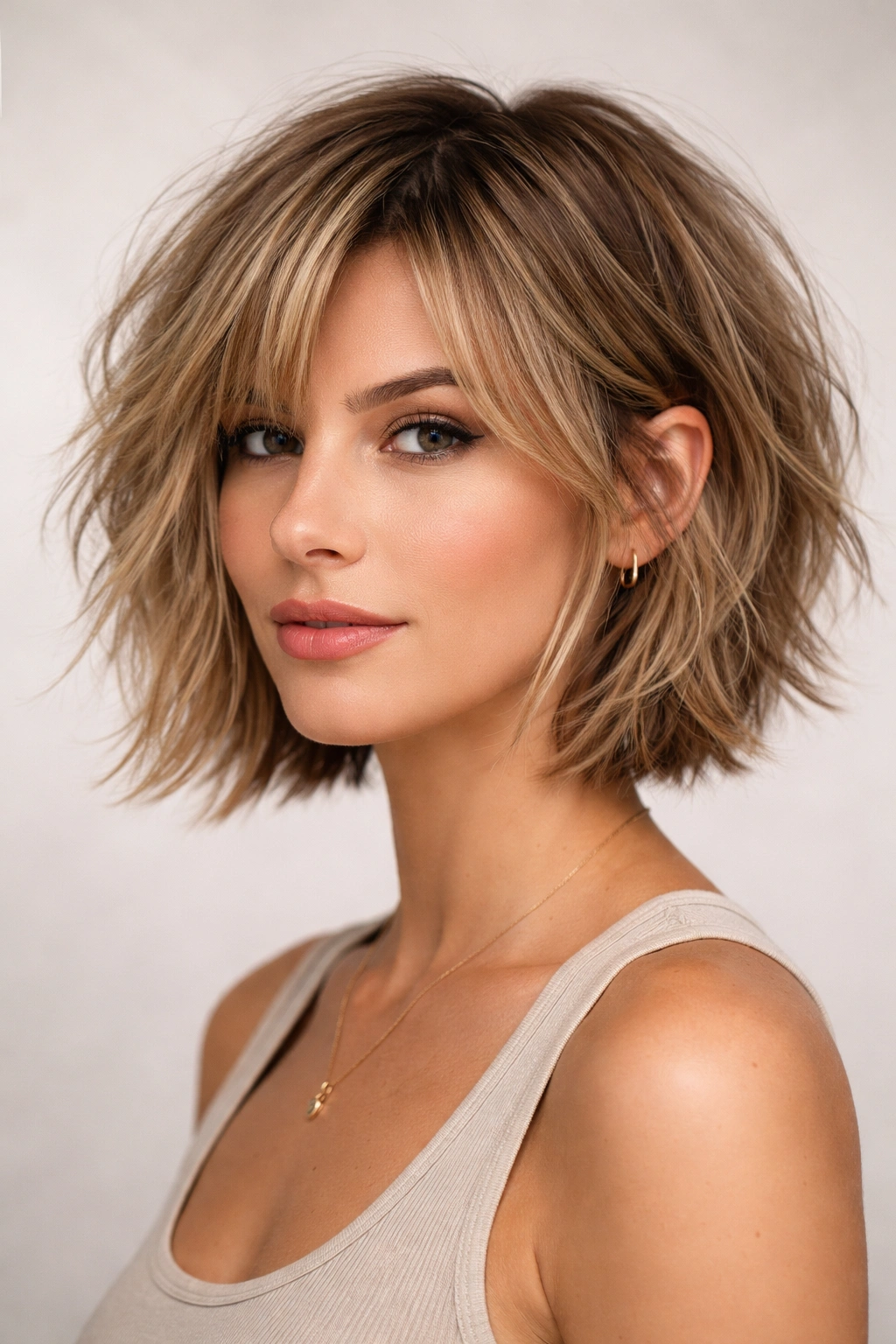 Close-up of choppy layered bob with textured ends on a neutral backdrop