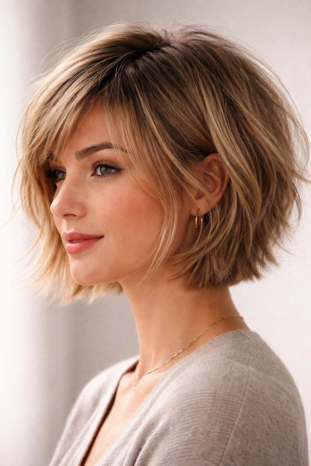 Close-up of a choppy layered bob with jagged ends and textured movement