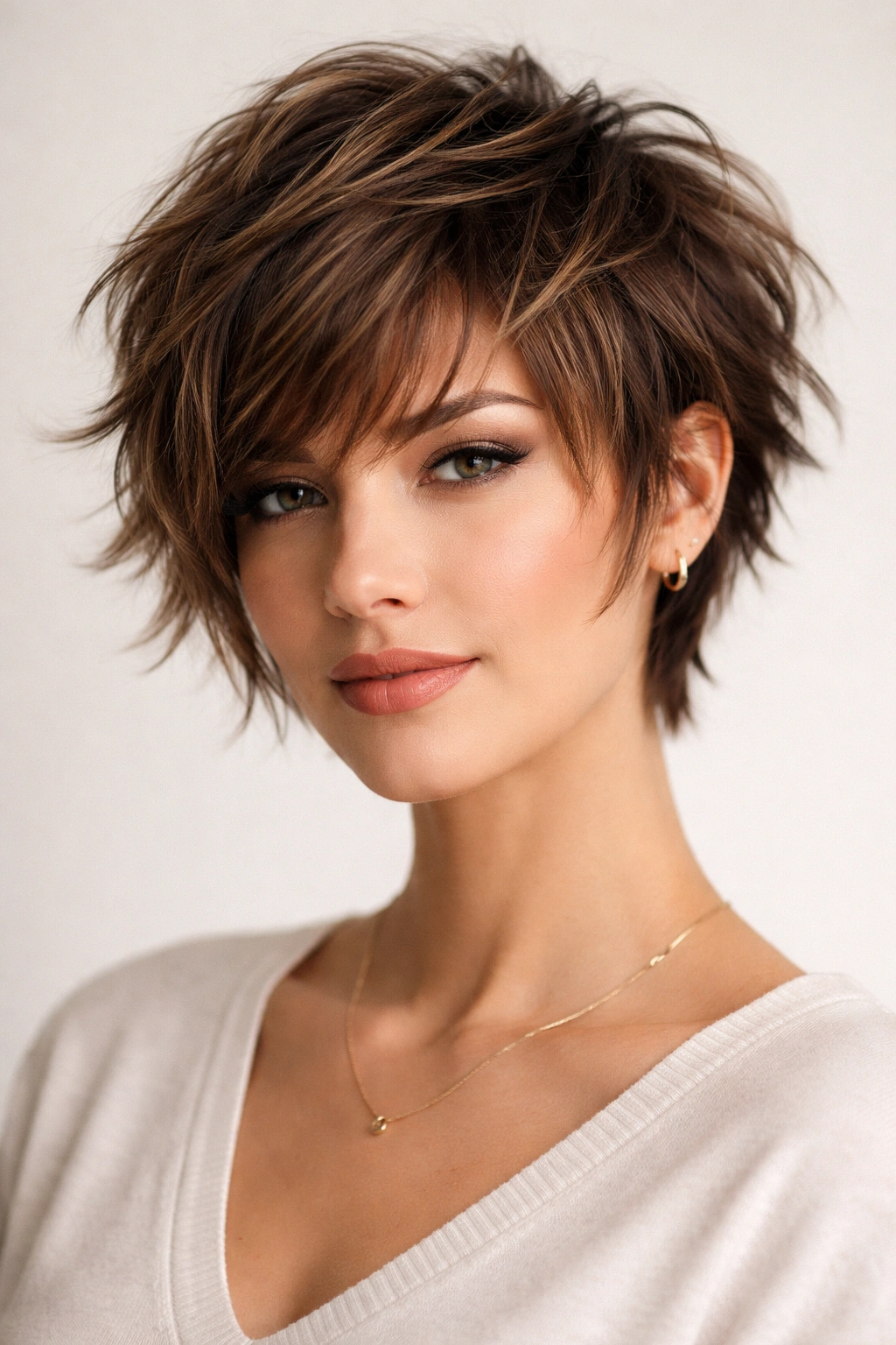 Head-and-shoulders portrait showing a choppy layered crop with visible texture.