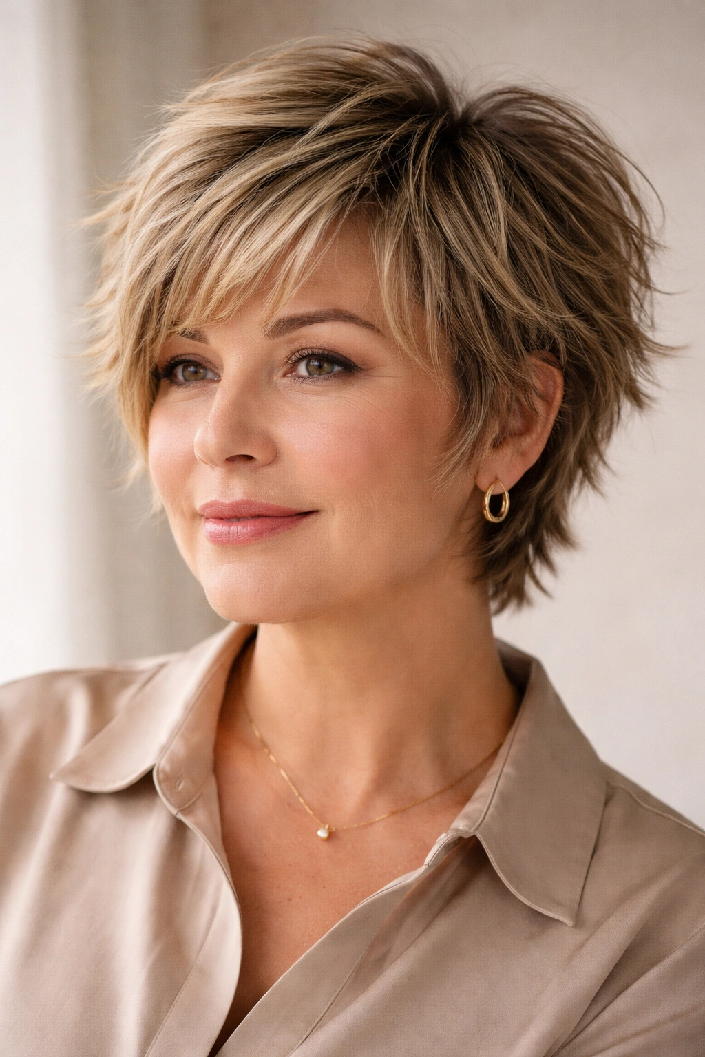 12 Short Hairstyles For Round Faces Over 50 5 Round-faced individual with a choppy layered crop showing volume on top
