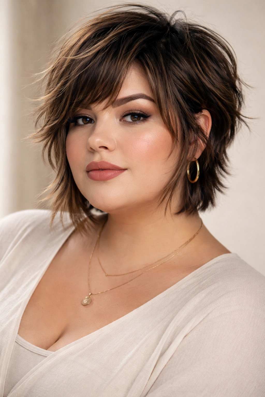 15 Flattering Short Haircuts For Plus Size Women 15 Model with a choppy layered crop and face-framing pieces