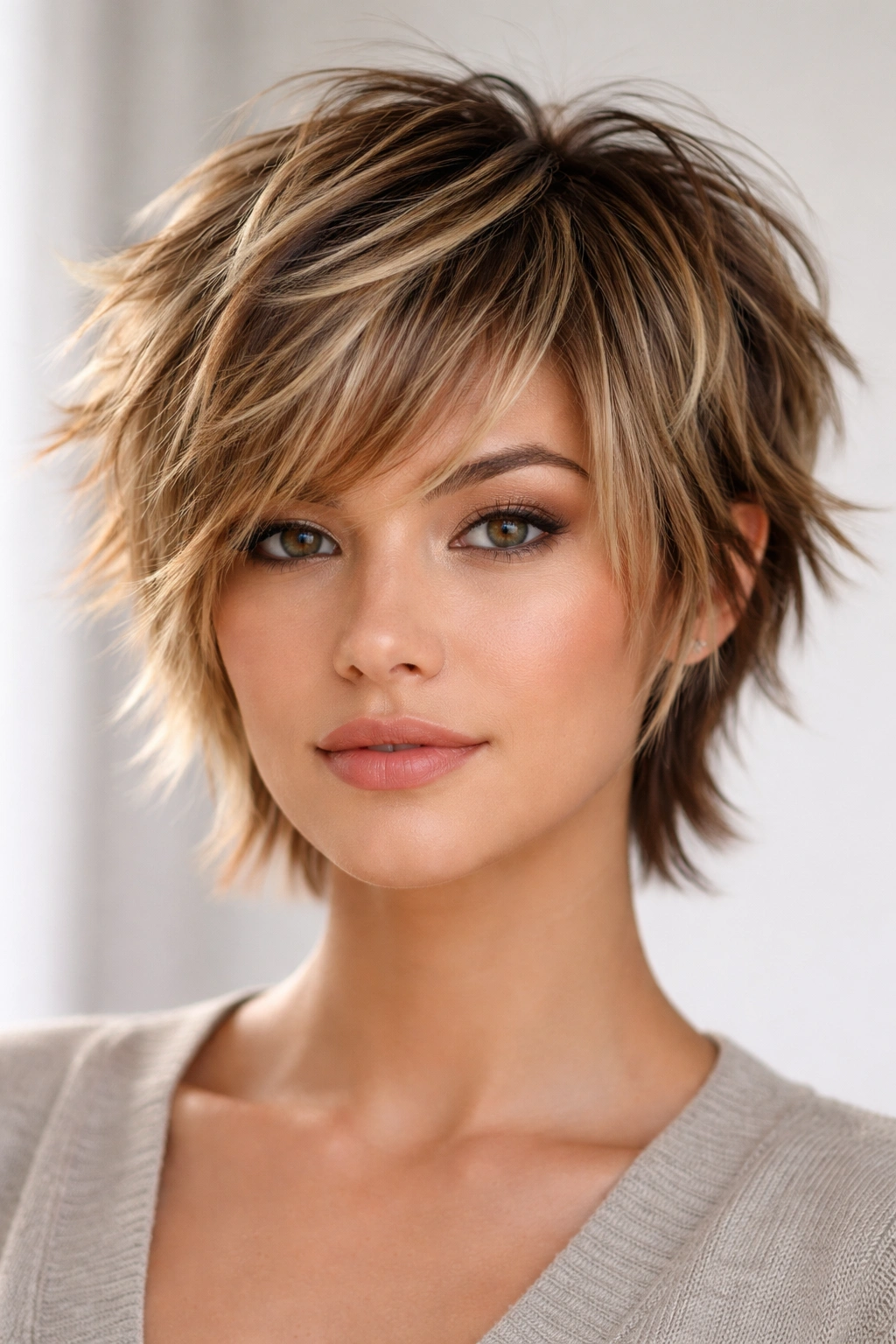 Front view of a short choppy layered crop showing multiple hair tones for dimension.