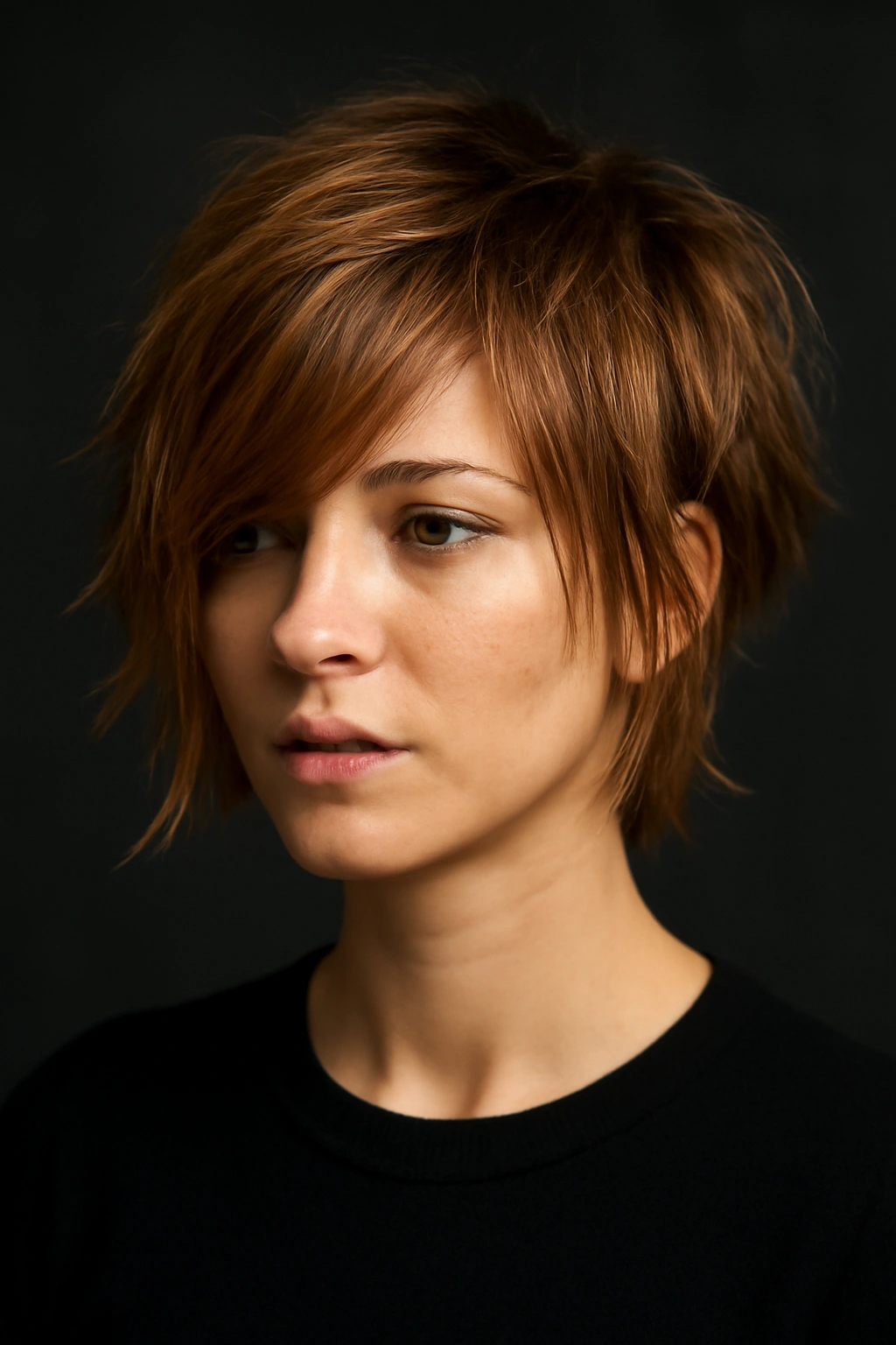 12 Short Layered Haircuts With Bangs That Actually Work 4 Choppy layered crop with side-swept bangs