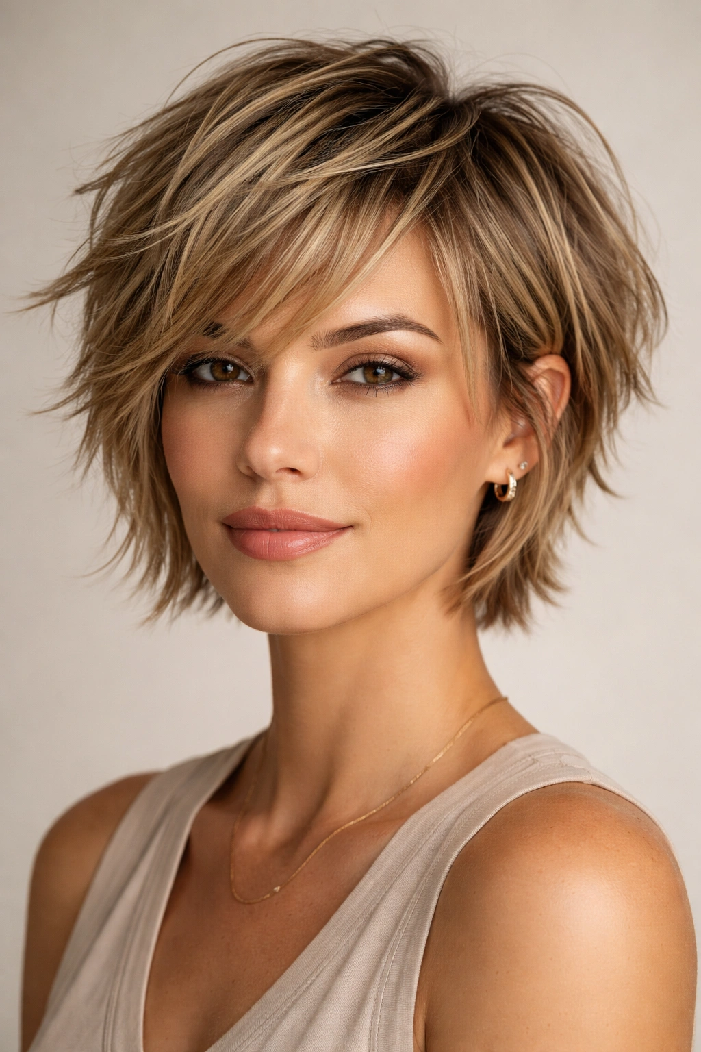 Choppy layered hairstyle with varied length ends