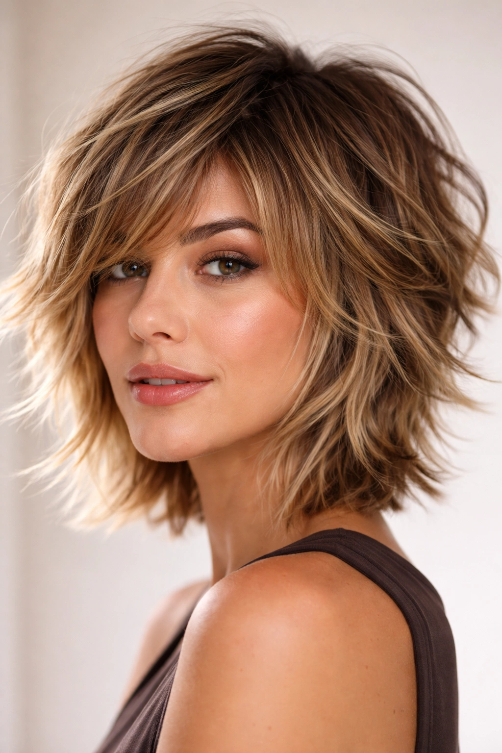 30 Short Haircuts That Flatter Almost Every Woman 15 Portrait showing a choppy layered cut with varied lengths for texture
