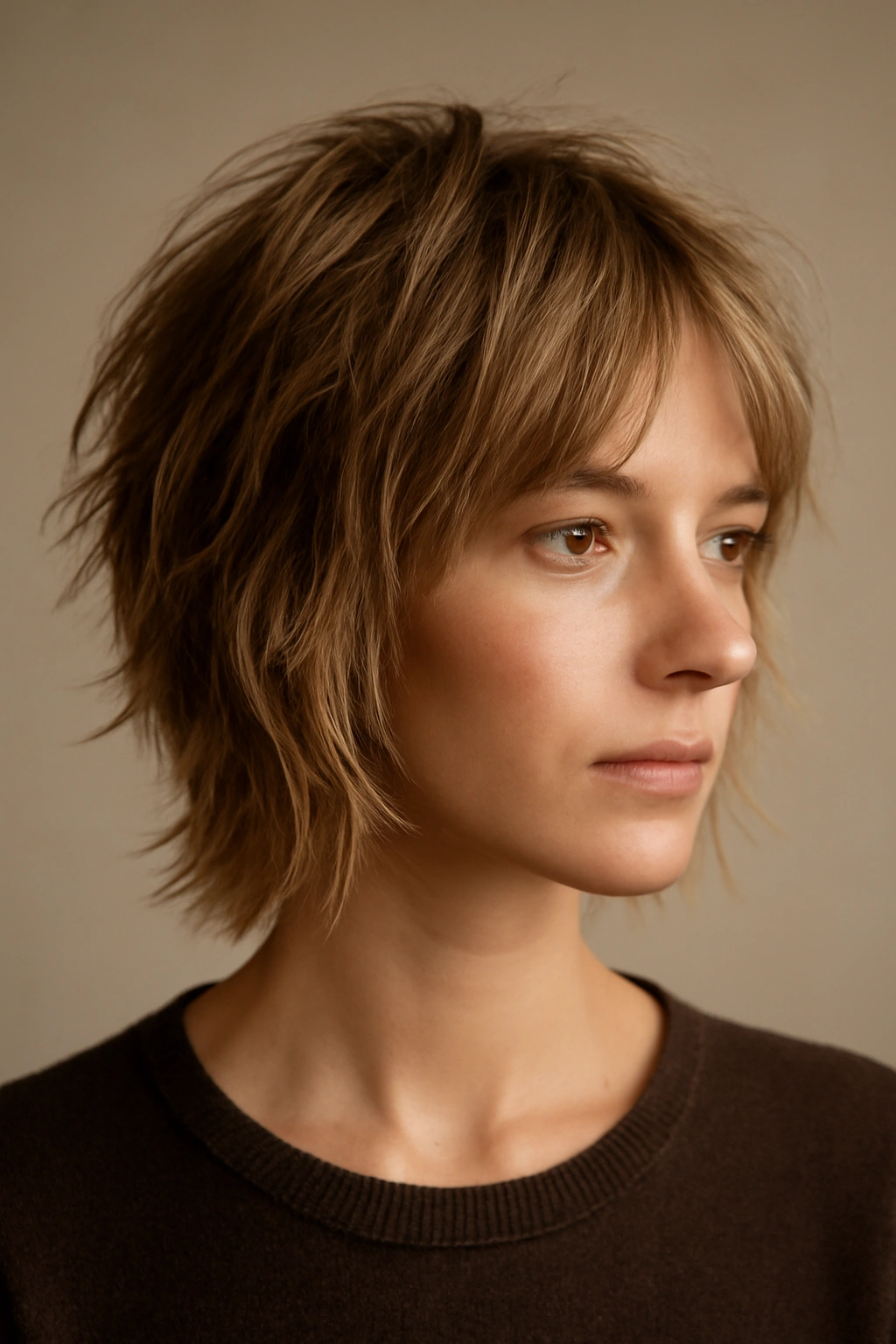 12 Short Haircuts That Work on Baby Fine Hair 6 Portrait of a person with choppy layered cut showing uneven, textured ends.