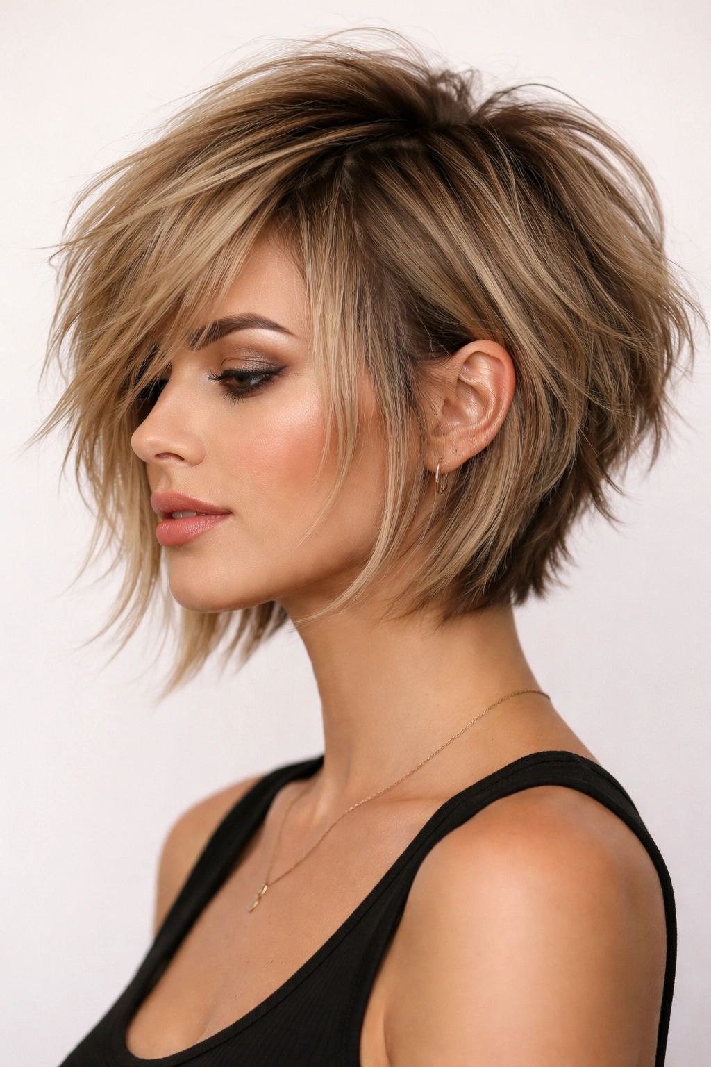 Choppy layered inverted bob with highly textured, separated layers and crown lift.