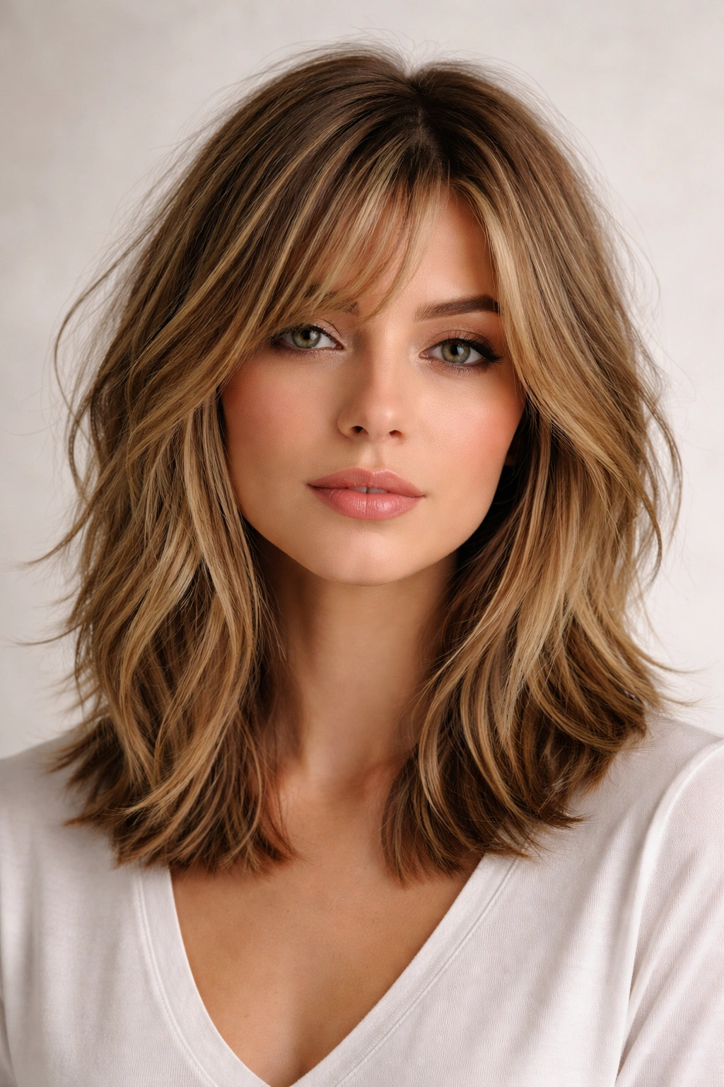Close-up of shoulder-length choppy layered lob with visible piecey layers
