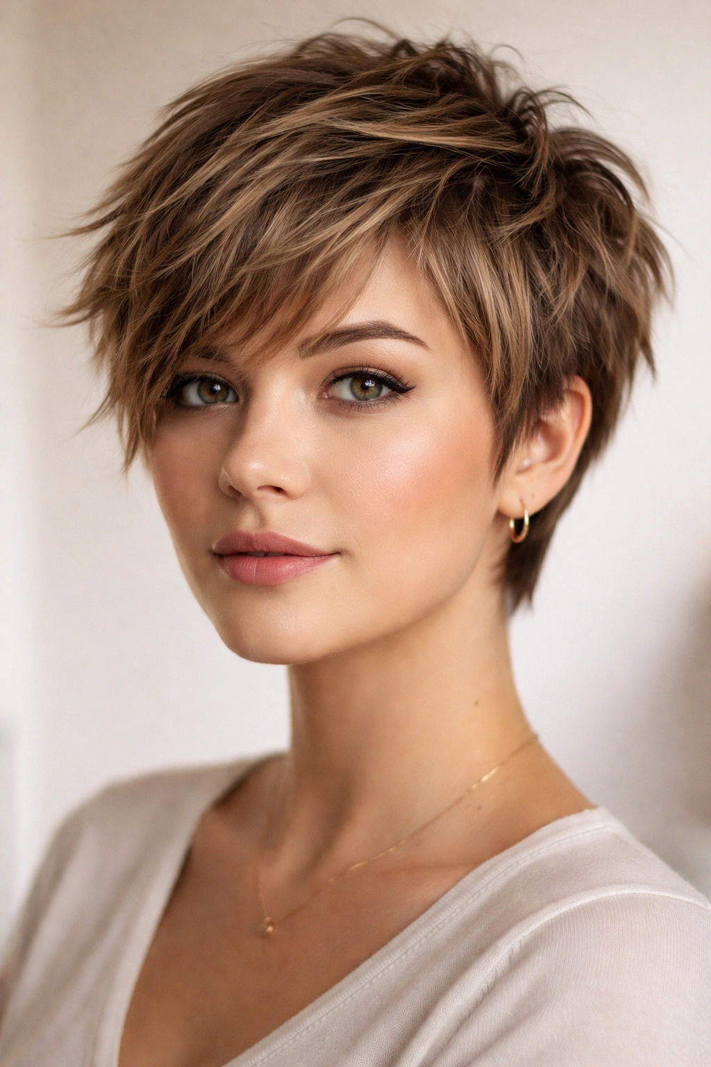 15 Pixie Styles Perfectly Suited To Round Faces 5 Portrait of a pixie with choppy layered hair for movement and texture.