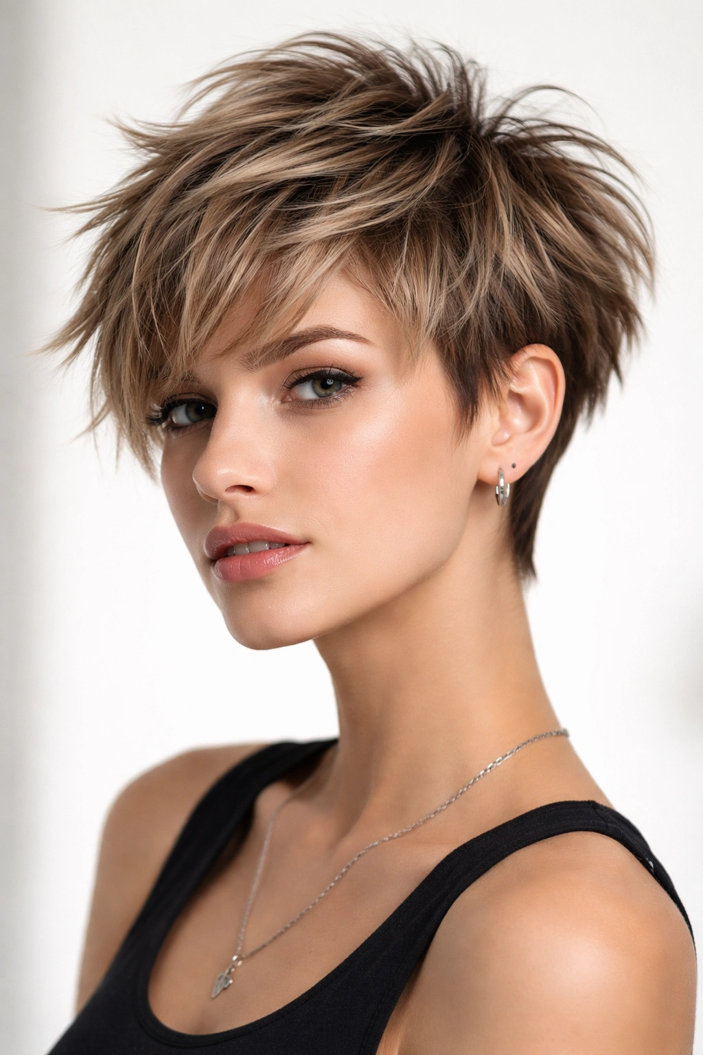 Close-up headshot of a person with a choppy layered pixie cut showing directional layers