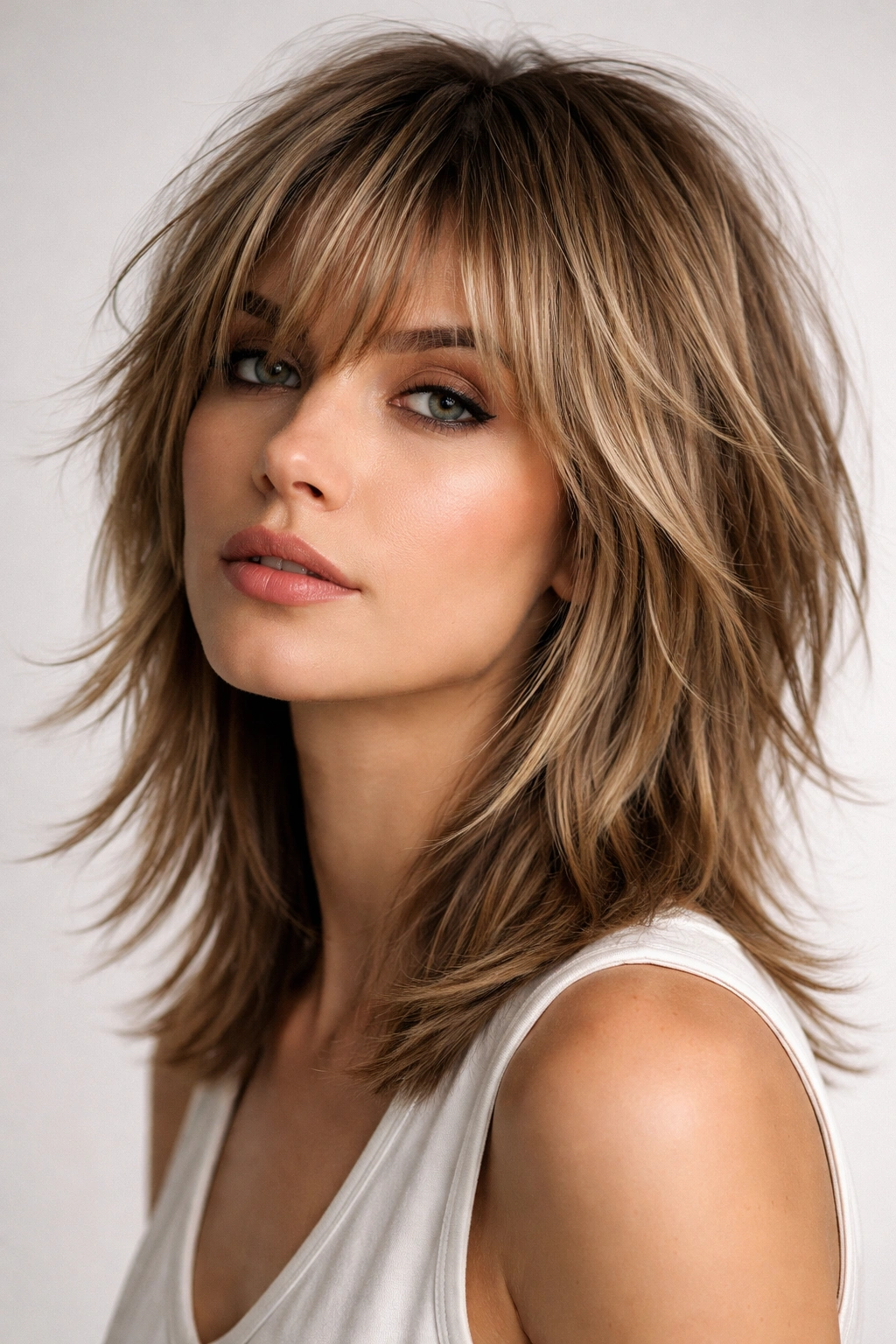 15 Medium Shag Haircuts For Straight Or Wavy Hair 1 Close-up of a model with choppy layered shag showing high crown layers and textured ends.