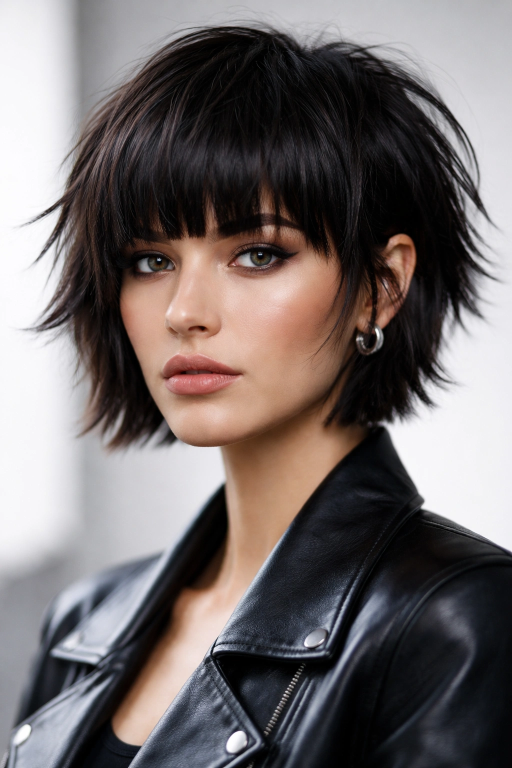 Close-up of a model with choppy layered short hair and blunt bangs showing architectural texture