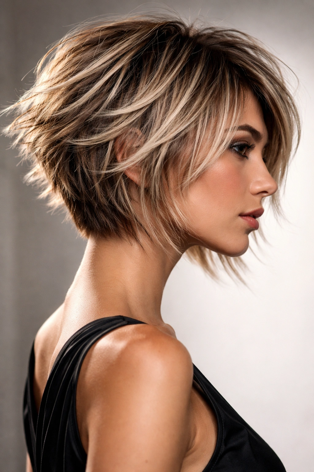 Choppy layered stacked bob with razor-cut texture