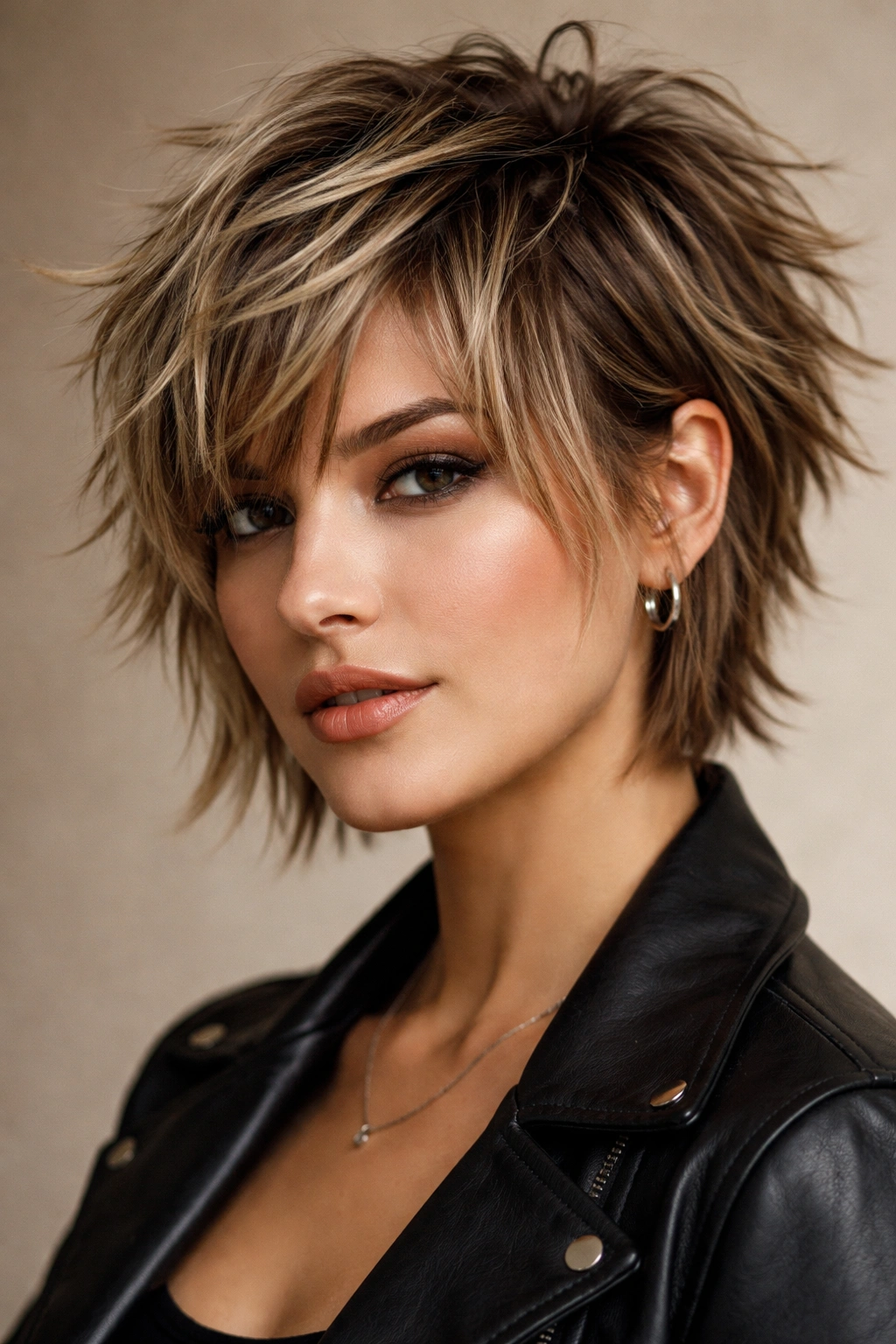 Close-up of a choppy layered cut with pronounced texture.