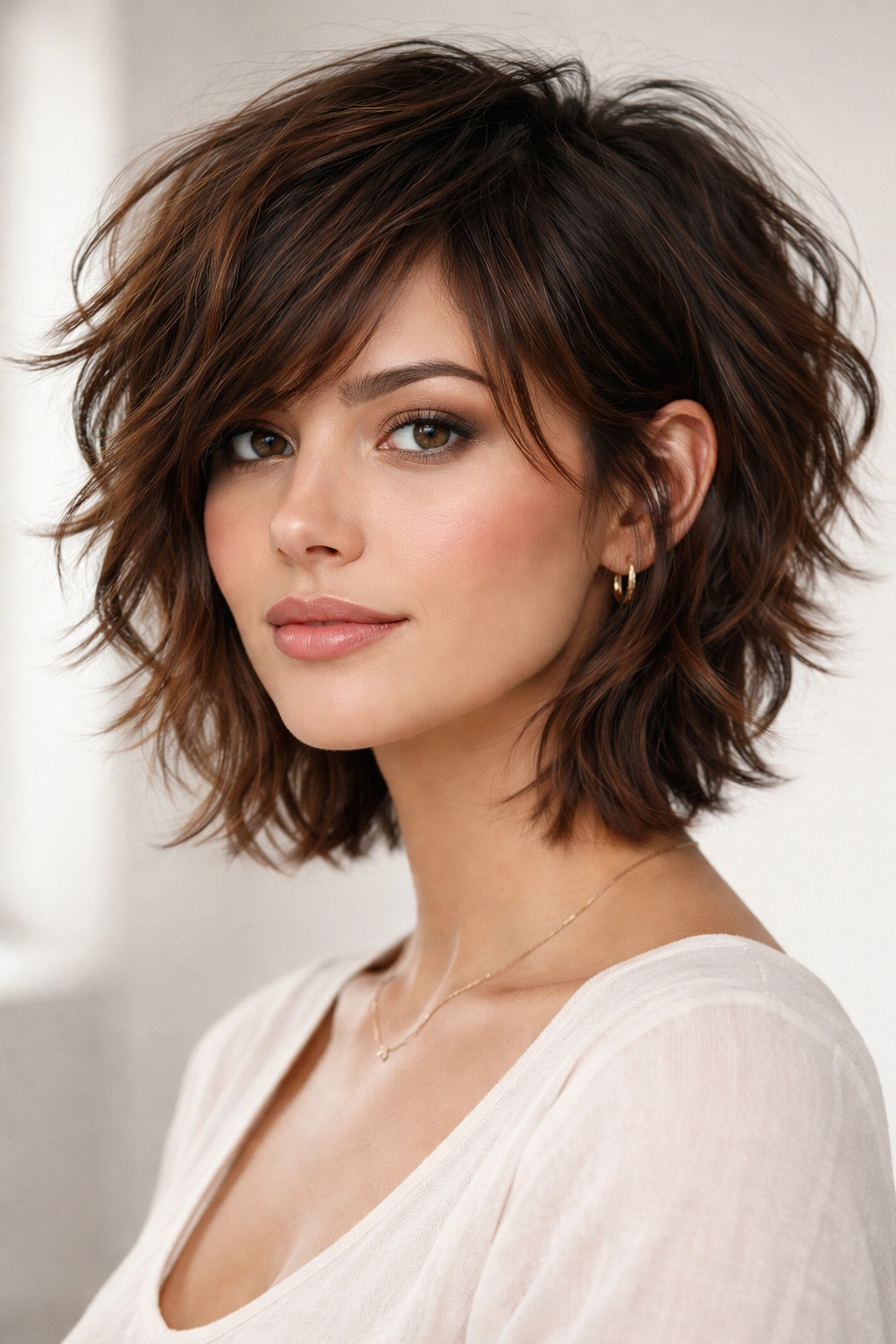 Profile of Choppy Layered Cut for Thick Wavy Hair showing movement