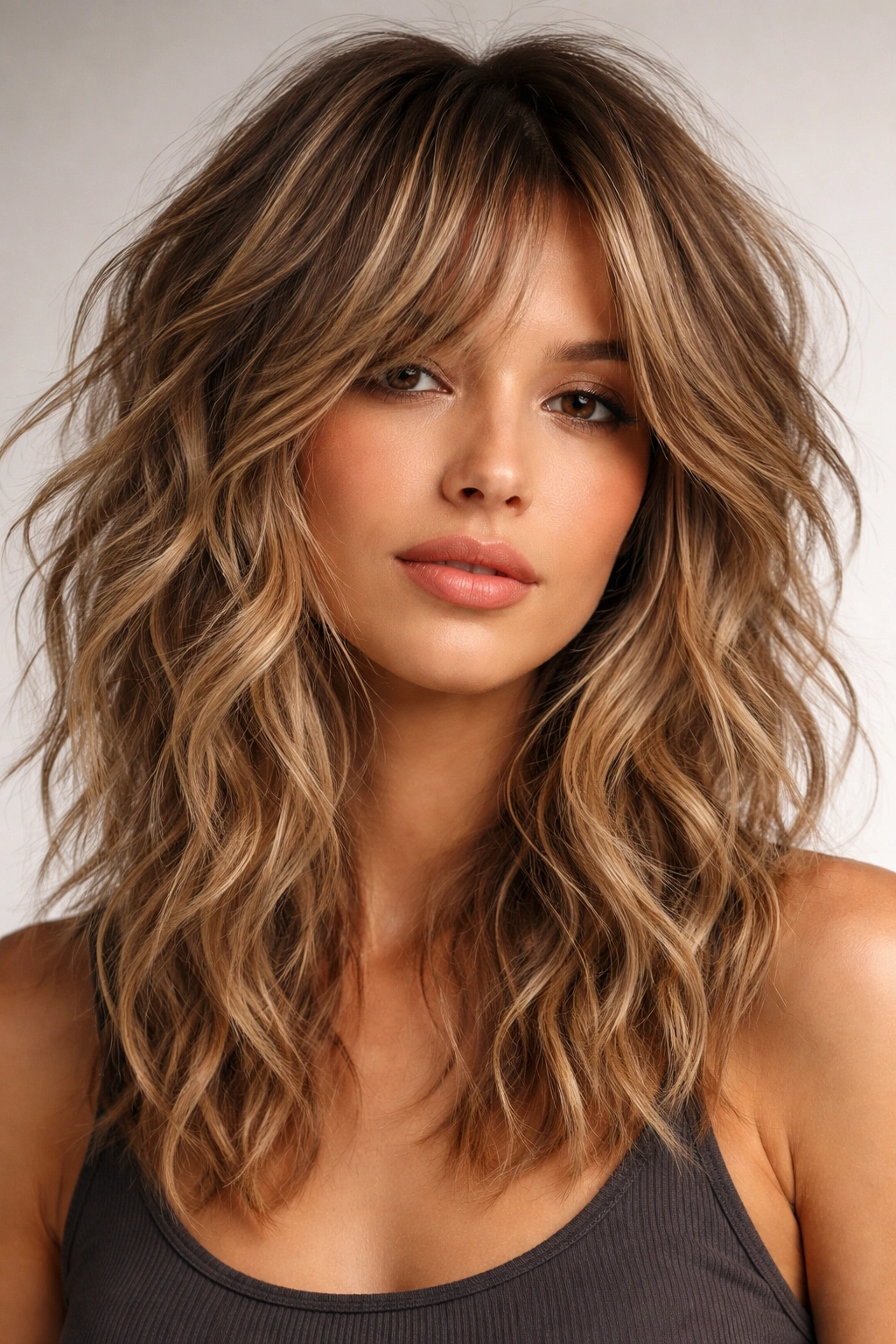 Choppy layered waves with pronounced texture on medium-length hair