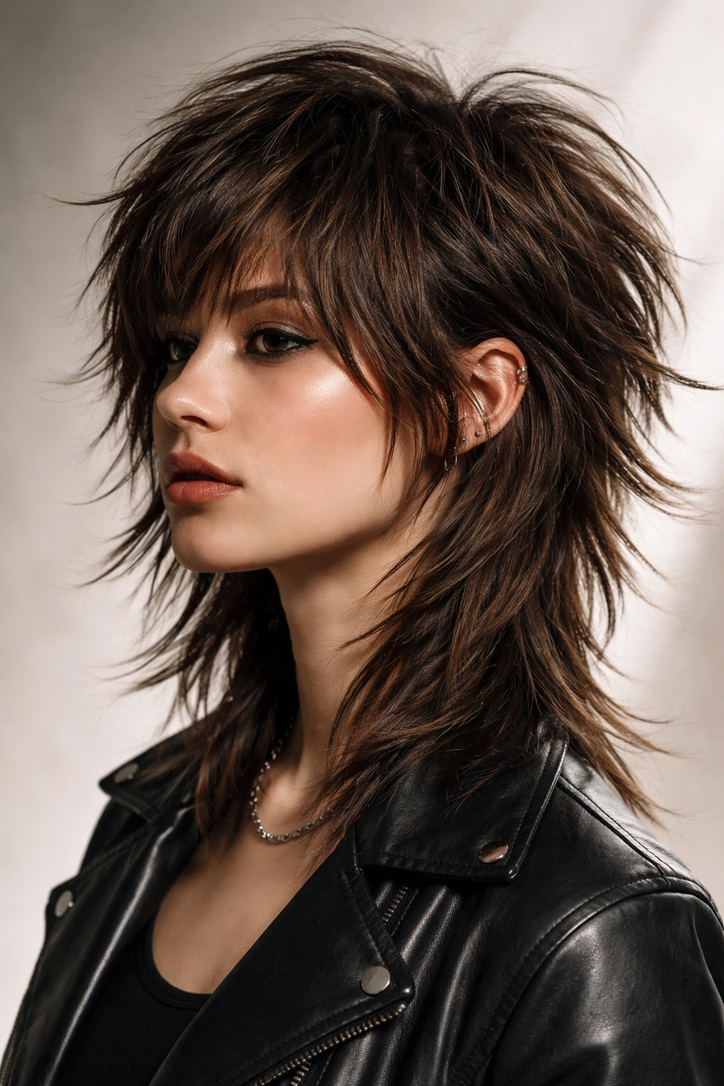 Choppy layered wolf cut with jagged silhouette and visible texture.