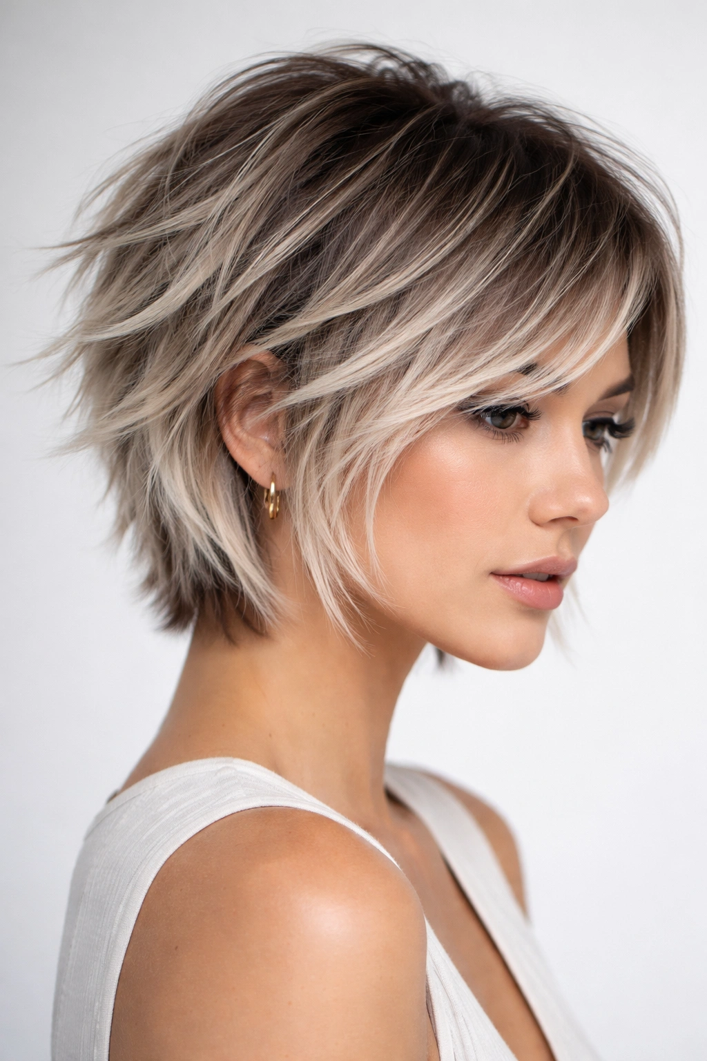 Choppy layers showing ash brown to blonde ombre