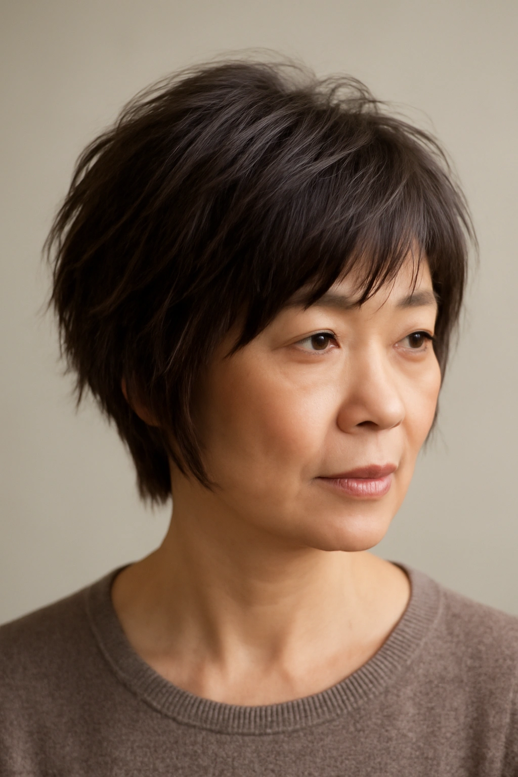10 Short Haircuts for Asian Women Over 50 to Try 4 Portrait of an Asian woman over 50 with modern choppy layers.