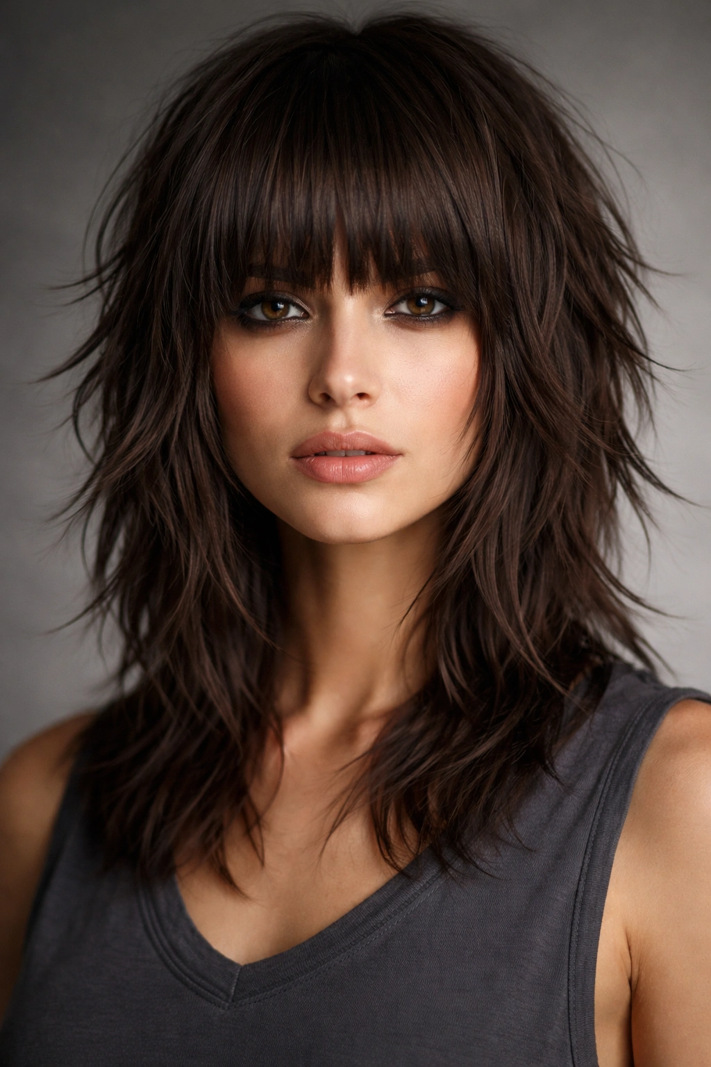 Close-up of shoulder-length shag with blunt eye-level bangs and textured layers