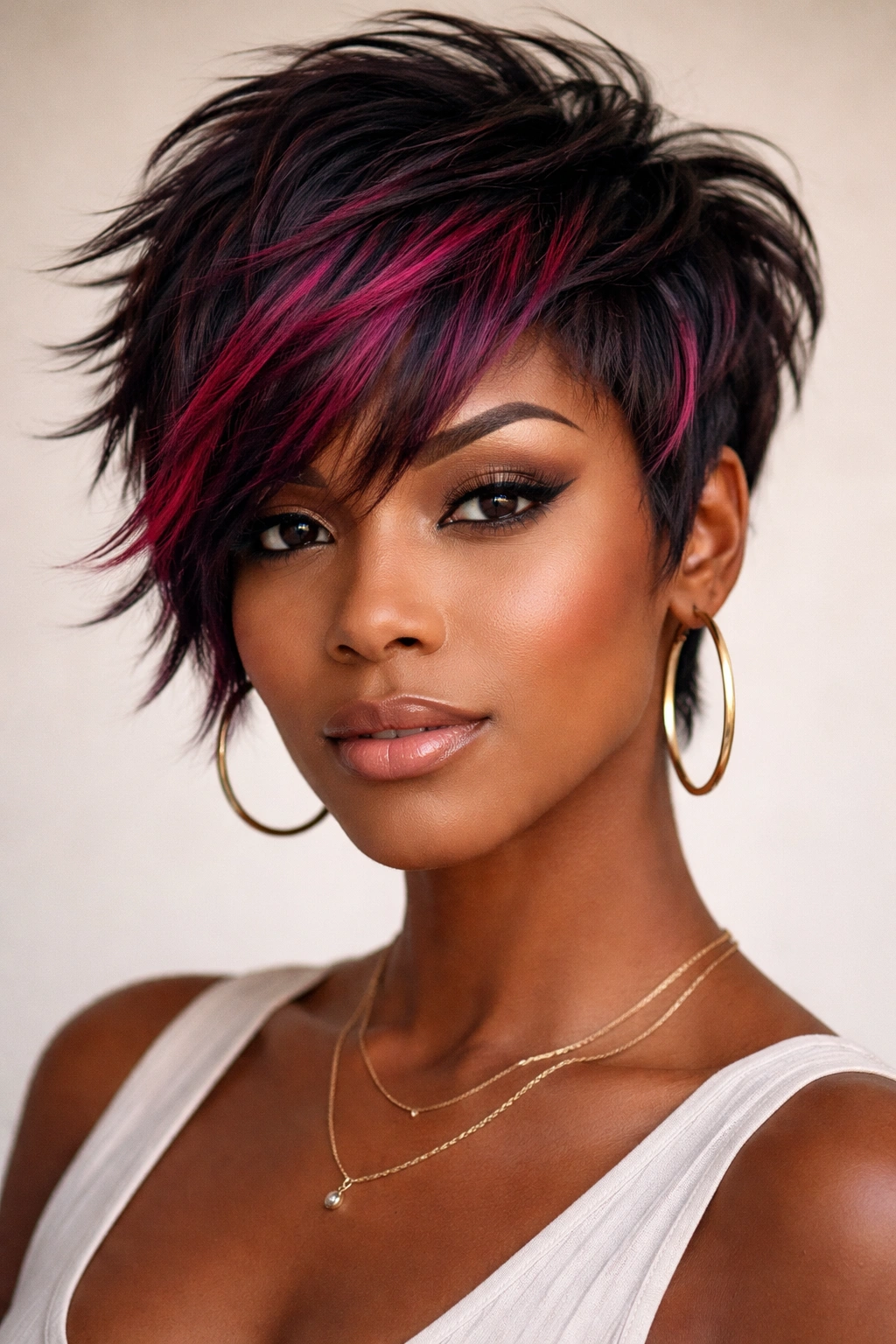 Close-up of a Black woman with short, choppy layered hair in bold color