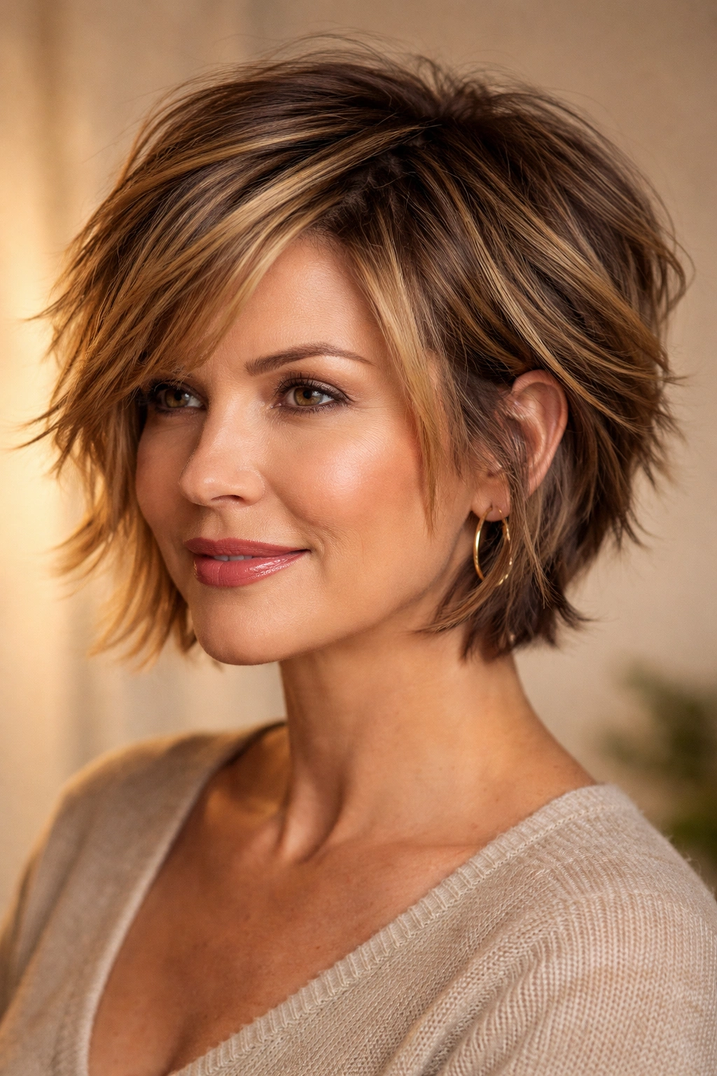 Close-up of short choppy layered hairstyle with dimensional color