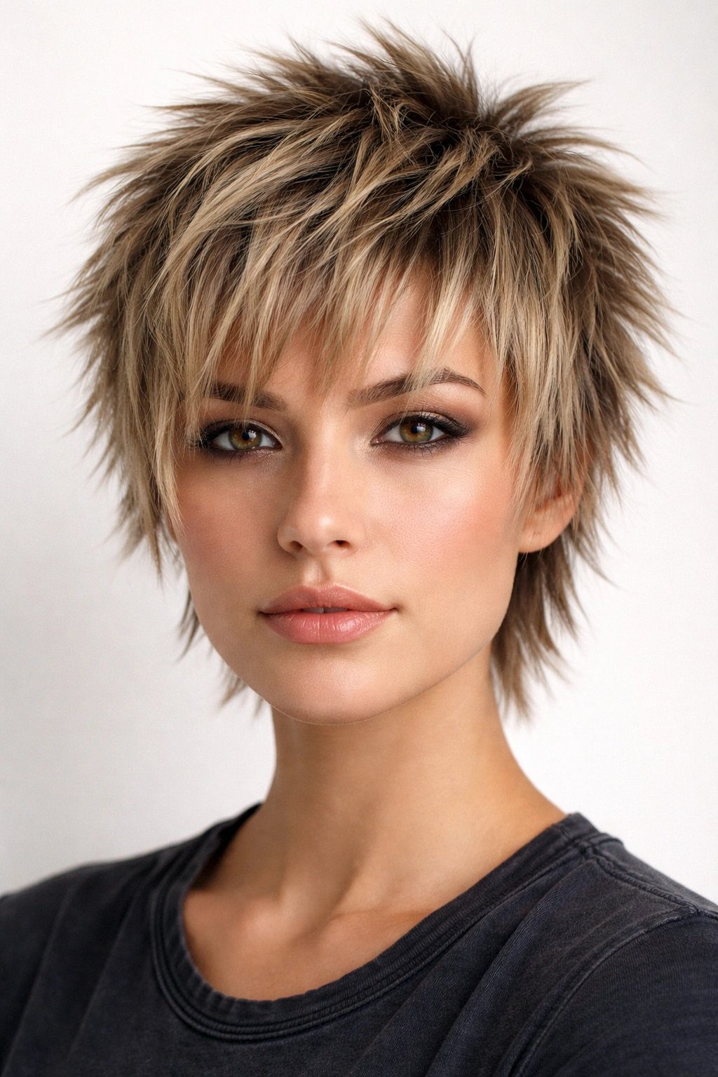 Choppy layered hairstyle with blunt edges and visible layer lines.