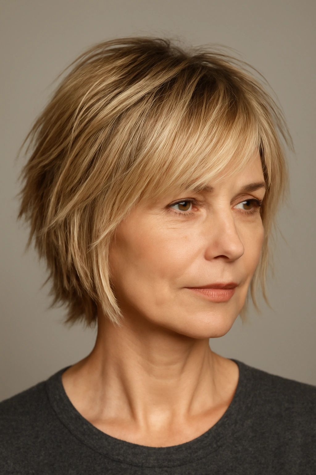 Portrait showing choppy textured layers framing the face for volume.