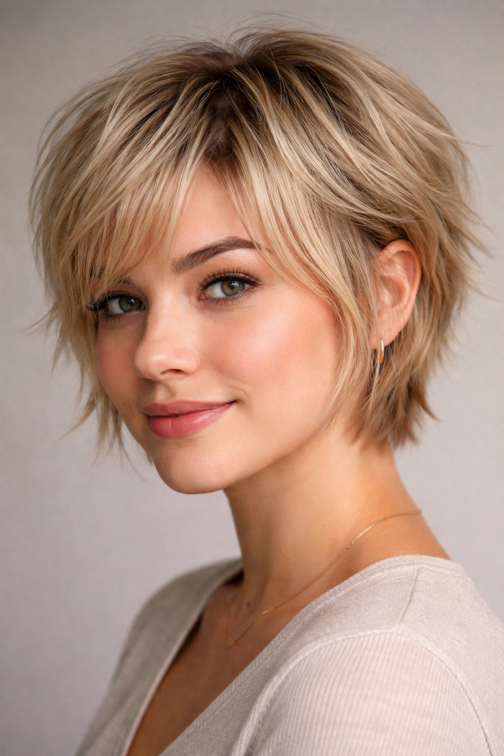 Close-up of a round-faced person with choppy, fine-hair layers and point-cut ends.