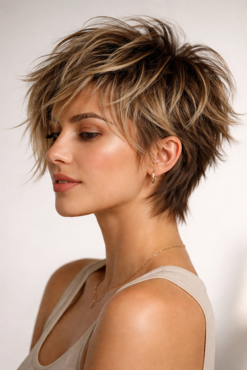 Head with choppy layered hairstyle showing bold, uneven lengths