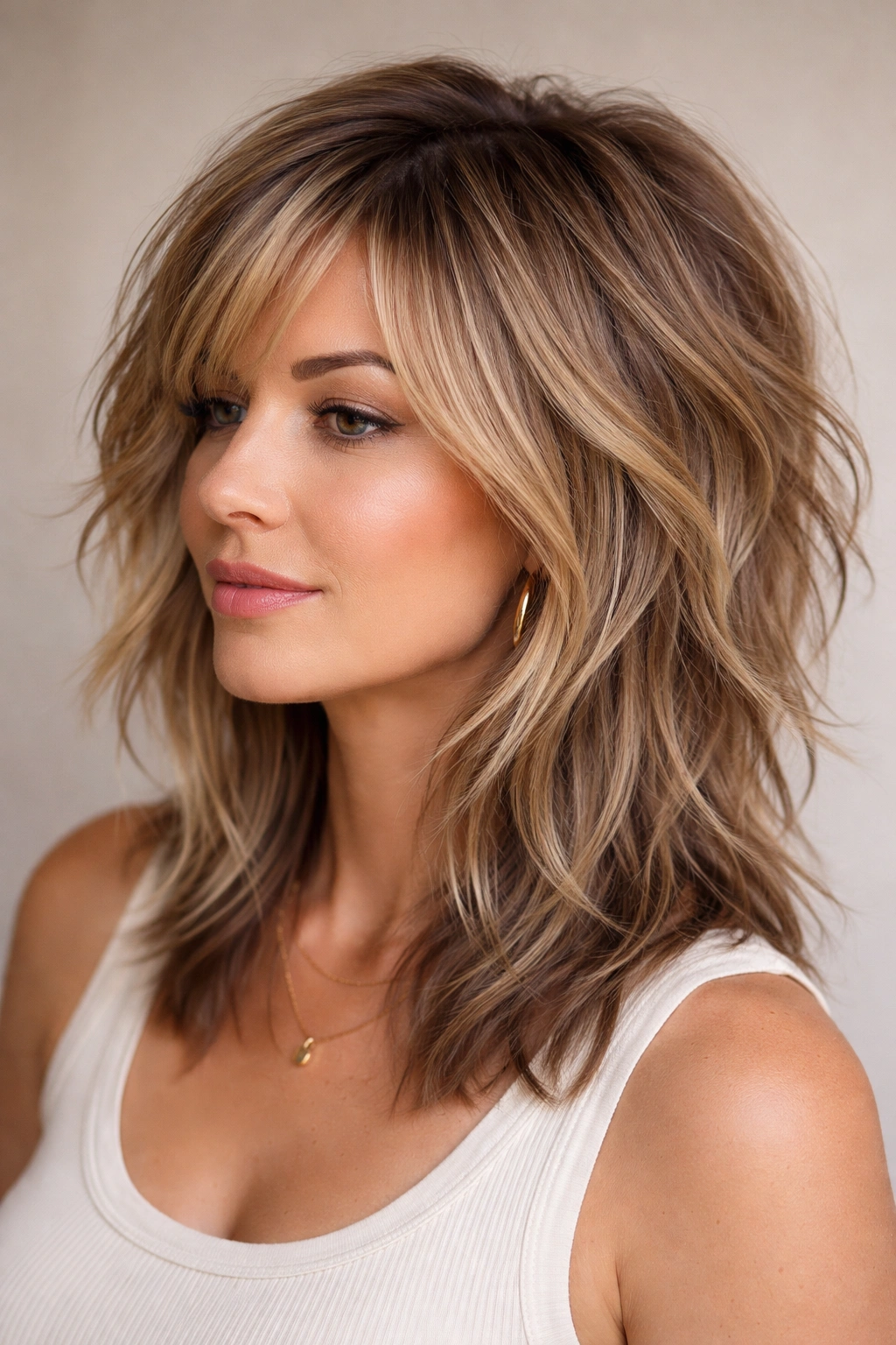 10 Haircuts For A Round Face And Double Chin 1 Close-up of choppy textured hair with multiple layers and volume