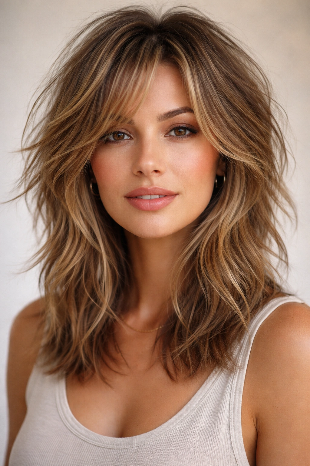 25 Medium Length Hairstyles For Women On The Go 7 Close-up of hair with bold choppy layers creating texture and movement.
