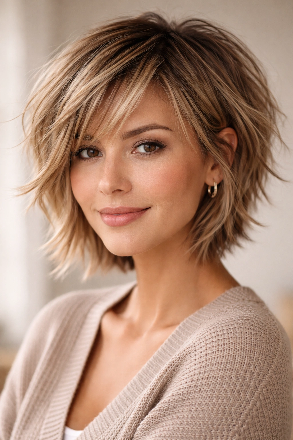Portrait of a choppy layered haircut with multiple short layers and textured finish.